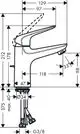 Einhebel-Waschtischmischer von Hansgrohe mit verchromter Oberfläche. Ansicht mit Maßen und Anschlussdetails, inkl. Zugstangen-Ablaufgarnitur.